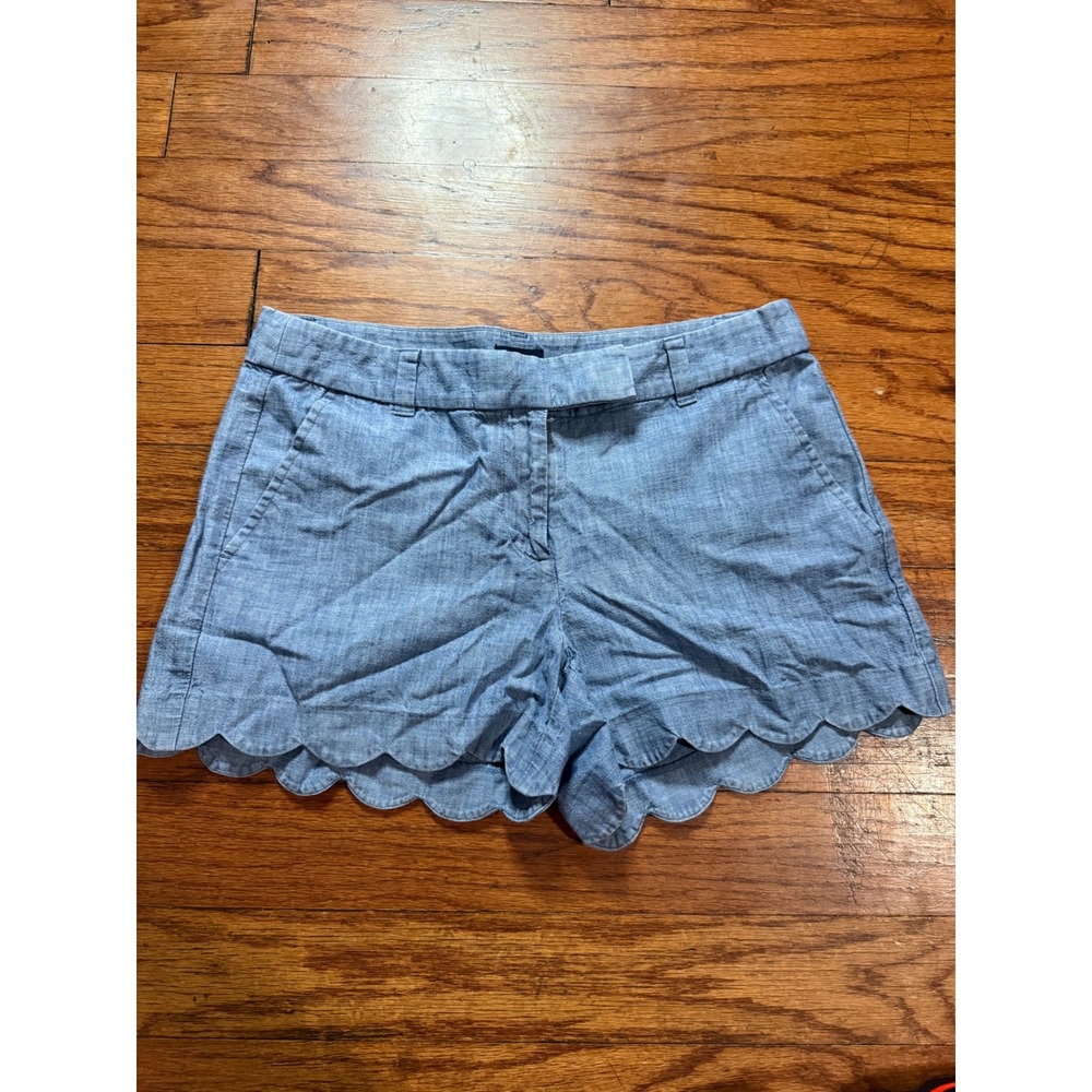 J.Crew Women Blue Chambray Scalloped Hem Shorts Size 6 Linen Blend Summer Casual